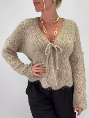 eira-beige.jpg-2 Lilly, Stickad kofta med knytdetalj, Beige